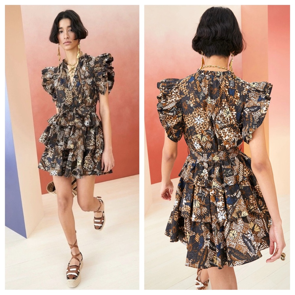 Ulla Johnson Honoria Dress Mini Bohemian Floral Cotton Ruffle Boho Puff Bronze 4